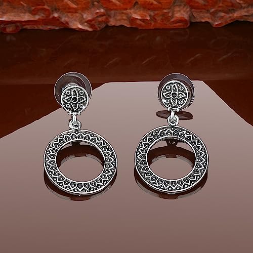 Estele Rhodium Plated Oxidized Round Drop Earrings for Women