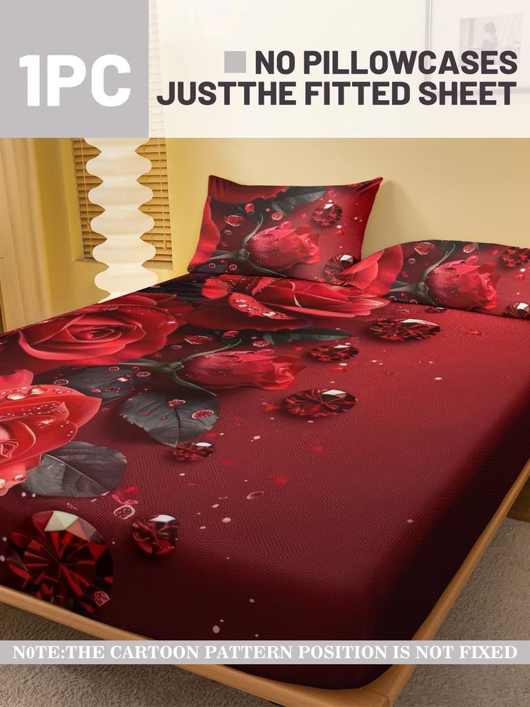 1 Simple modern Plant Flower Red Rose digital printed frosted Fitted Sheet,bedroom printed bed cover,bedding(No pillowcase)
