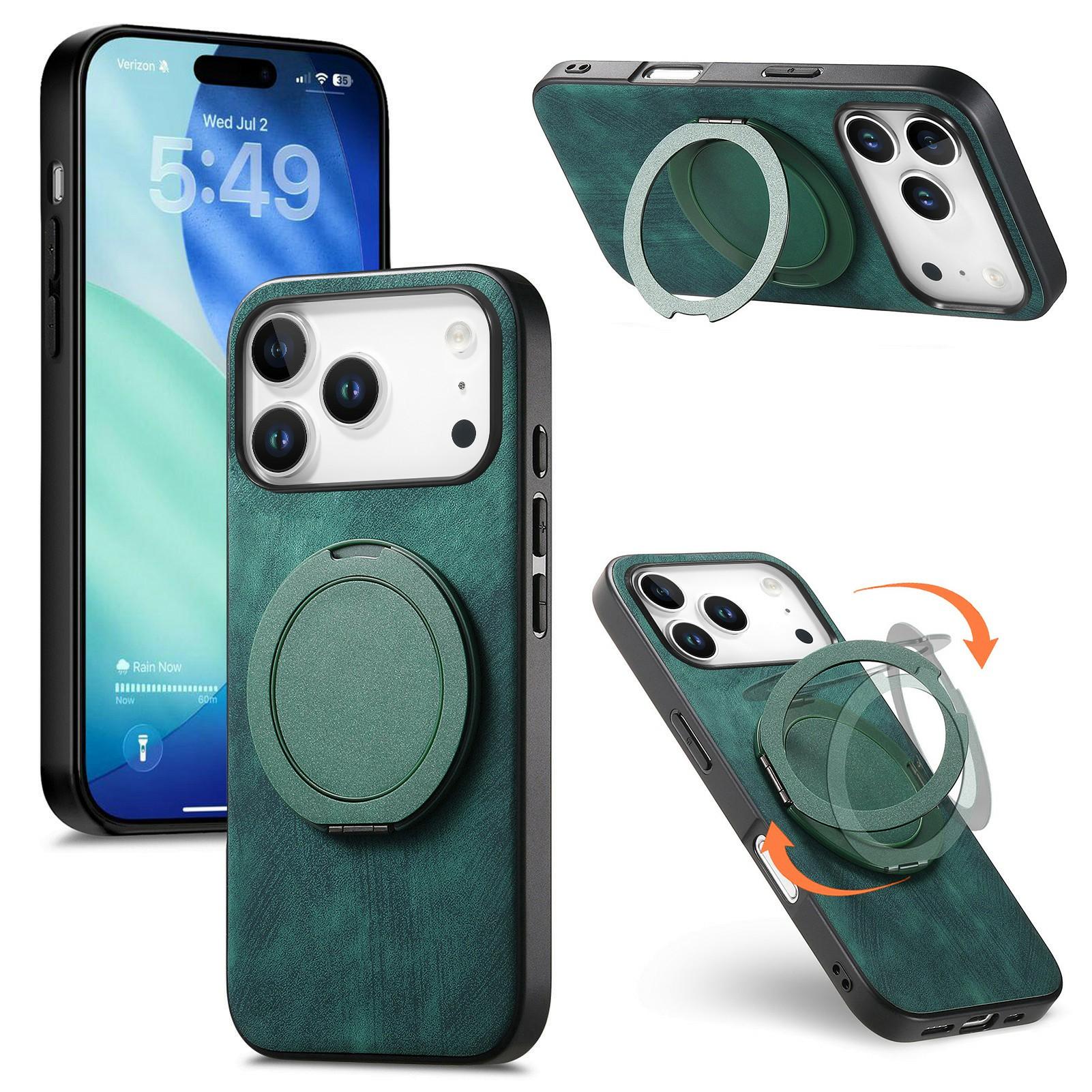 

For iPhone 17 Pro Max Phone Case with Rotating Kickstand Stress Relief Retro Leather Back Cover