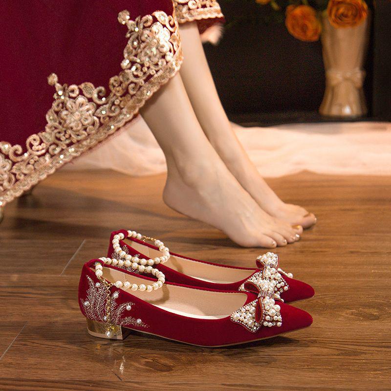 Pantofi de Nuntă Xiuhe cu Toc Înalt din Piele Suede Burgundy pentru Mirese și Femei Gravide