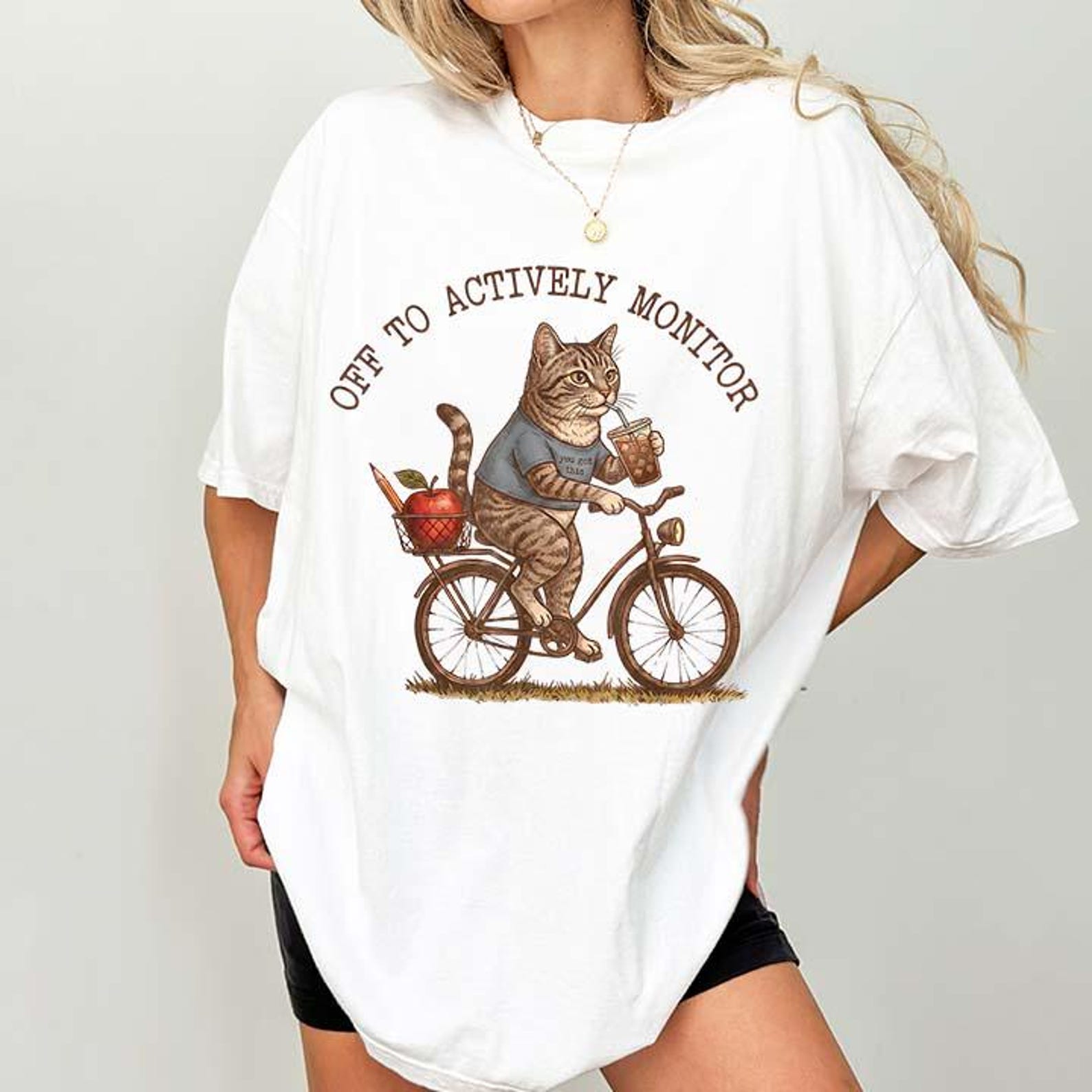 Off to Actively Monitor Funny Cat Testing Day Teacher T-Shirt L