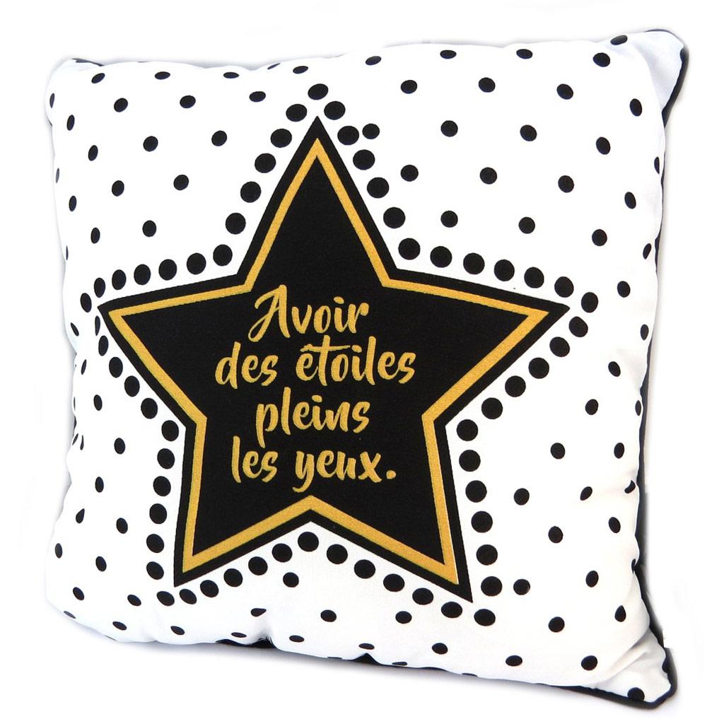 Les Trésors De Lily [P2967] - Designer Cushion 'Messages' White Black Gold (Have Stars In Your Eyes) - 30 Cm