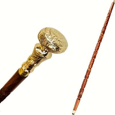 93.98 Cm Vintage Antique Gold Brass Knob Head Handle 3 Fold Wood Walking Stick Cane