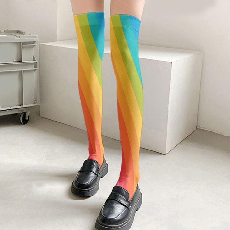 Damen Japanische Stile Anime Oberschenkelhohe Strümpfe Regenbogen Mehrfarbig Gestreiftes Muster Seide Über dem Knie Lange Socken Strumpfwaren