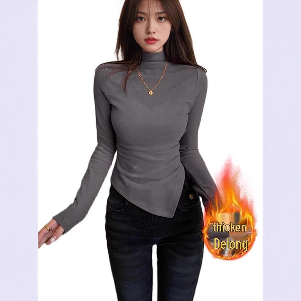 Women's Velvet Semi-High Neck Irregular Shoulder Long Sleeve Slim Fit Autumn Winter Top