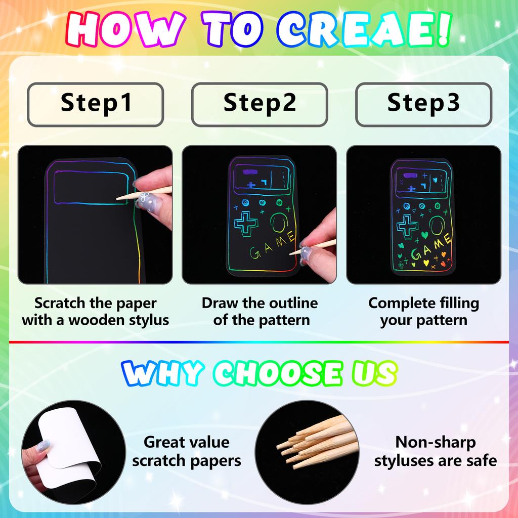 123 Pezzi Set di Gadget e Regali per Festa Videogiochi 60 Cartoncini Scratch Art 30 Bastoncini 30 Nastri Adesivi a Punti Per Decorazioni di Compleanno Goo