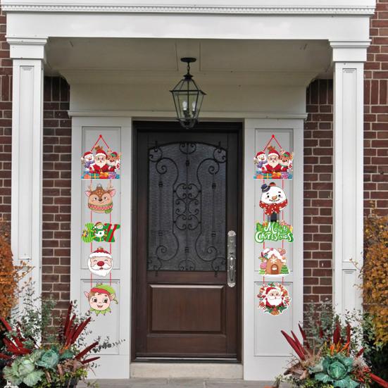 1 Pair Christmas Door Decoration Merry Christmas Hanging Sign Cartoon Santa Claus Snowman Holiday Decor for Home Wall Front Door