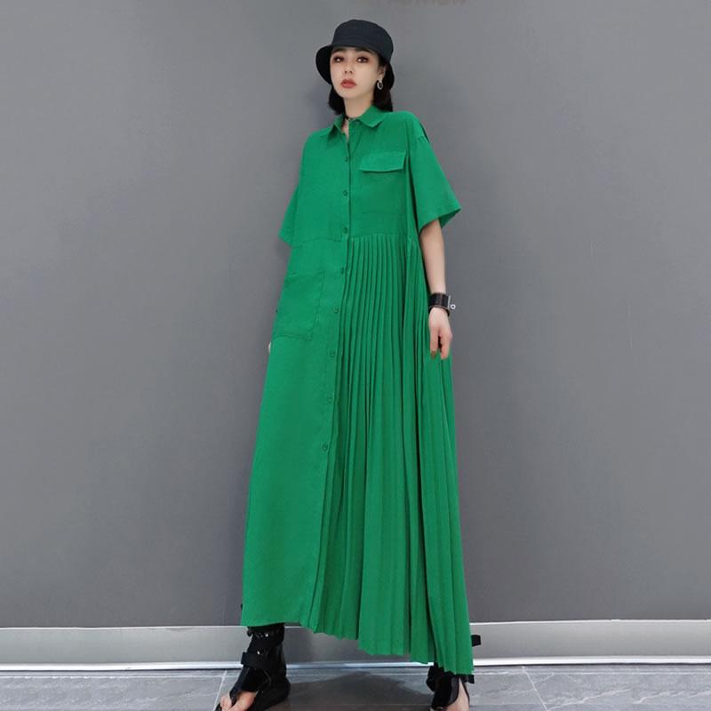 Xitao Irregular Splicing Pleated Green Dress DMY4747