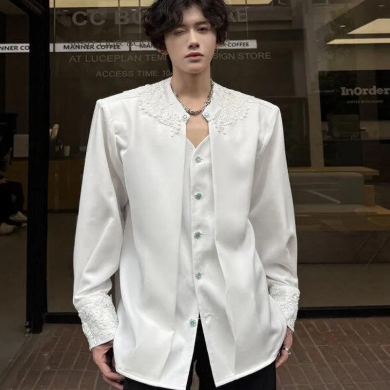 Abbigliamento da Uomo Camicia Versatile Ricamata con Spallina Marca Trendy Bello Manica Lunga Pizzo Elegante Camicia di Alta Gamma