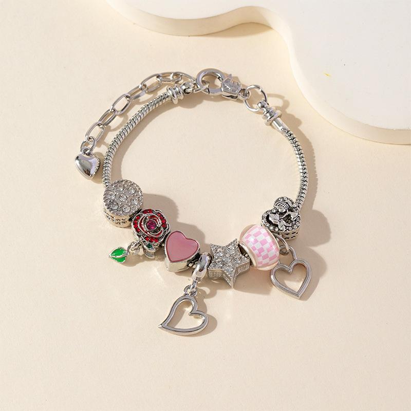 

Handmade Beaded Bracelet For Girls With Heart Pendant Enamel Flower And Sparkling Rhinestone Jewelry Gift