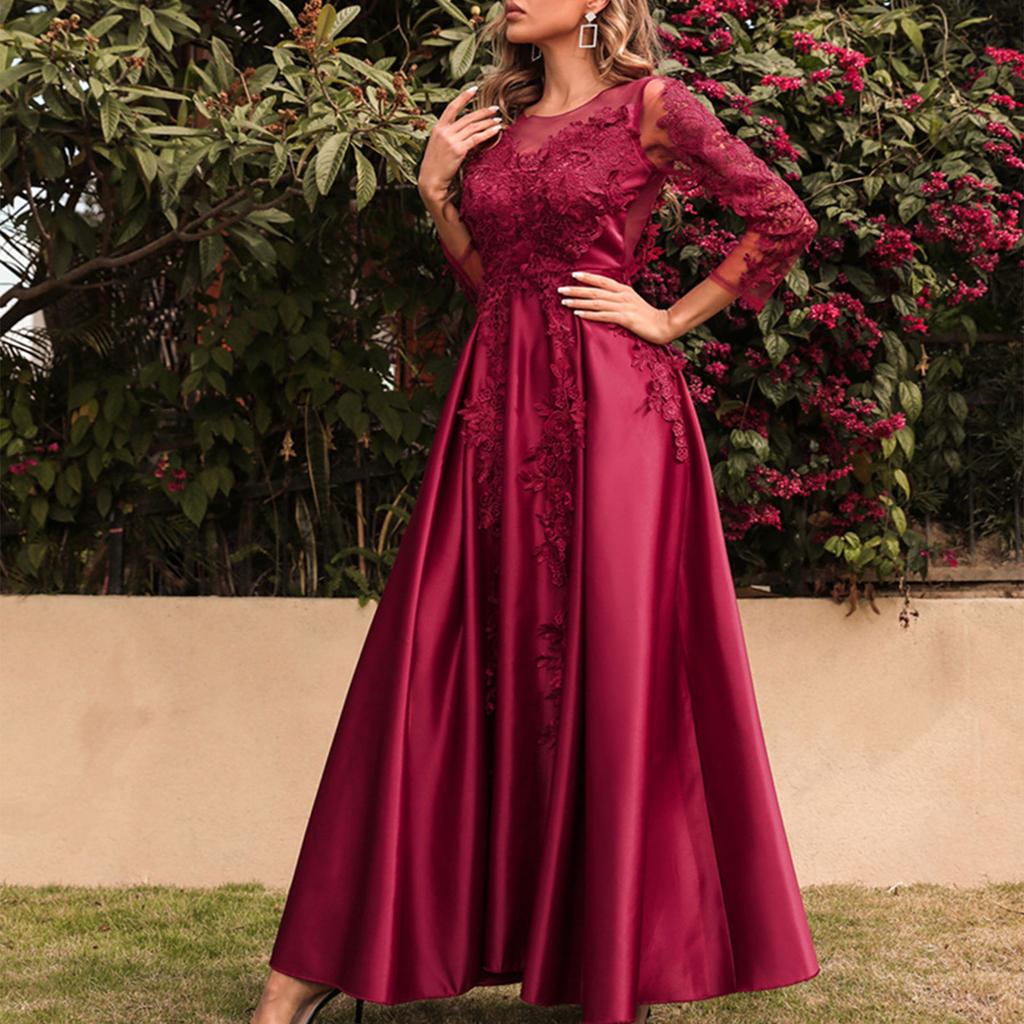 Women's Fashion Solid Color Lace Big Swing Sexy Long Dress Trailing Party Evening Gown