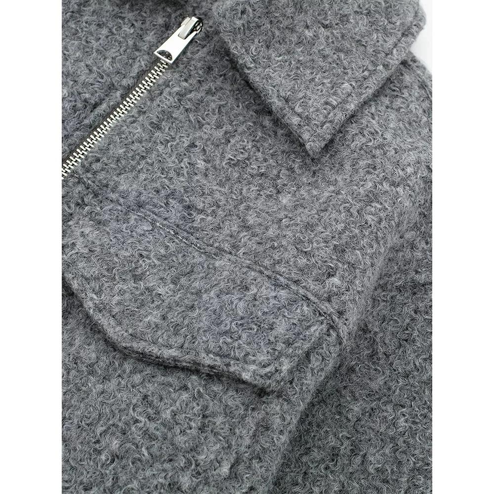 Women Fashion with Pockets Grey Front Zipper Jackets Vintage Lapel Neck Long Sleeves Female Chic Lady Outfits