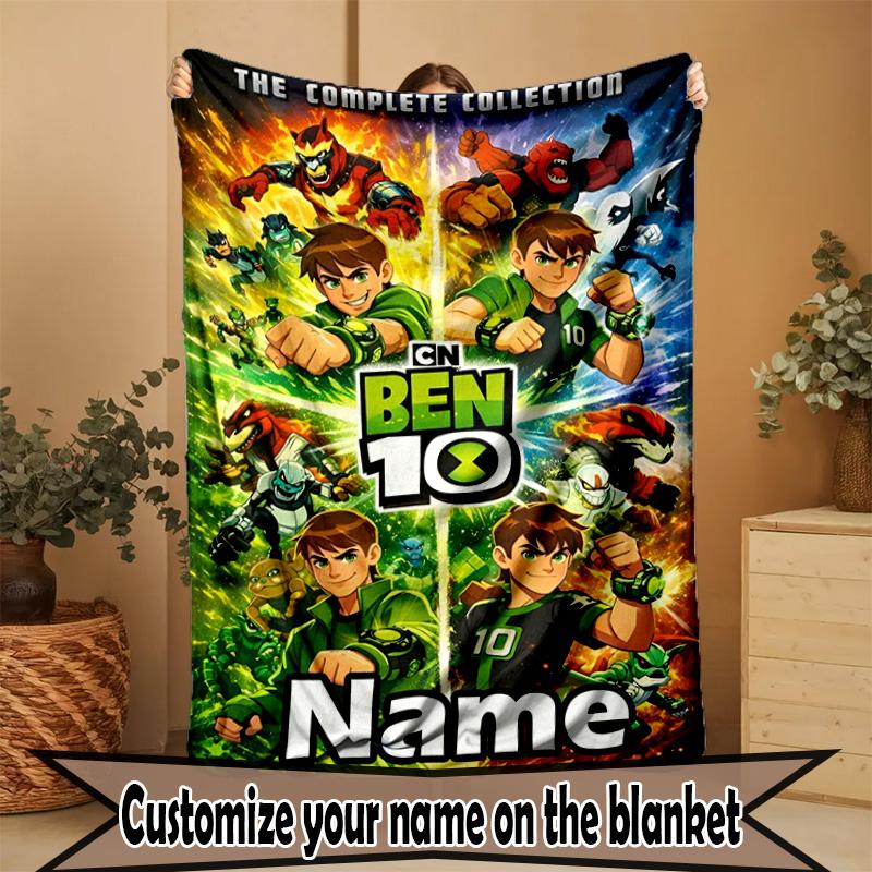 Custom Name Personalized Ben 10 Cartoon Print Blanket, Home Decor, Bedroom, Sofa, Camping, Couch, Gifts for Birthday ChristmasEnthusiasts