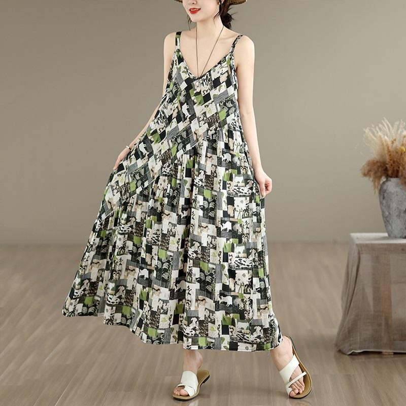 Sleeveless Strap Cotton Vintage Floral New In Dresses For Women Casual Loose Long Summer Dress Elegant Clothing