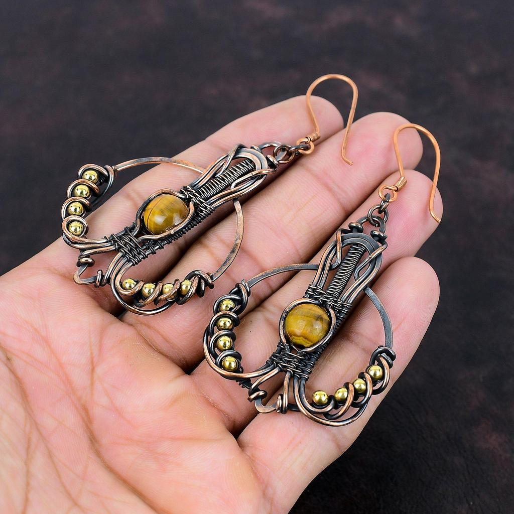 Tiger's Eye Earring Copper Wire Wrapped Earrings Gemstone Jewelry Dangle Drop Earrings Handmade Copper Jewelry Gift For Mom Designer Earring