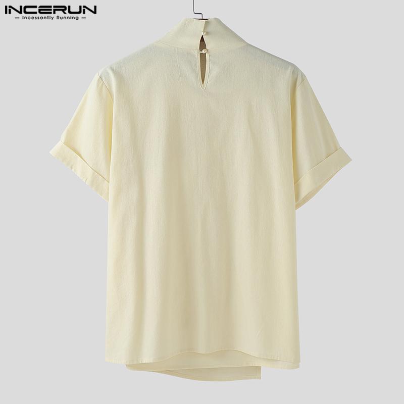 INCERUN Men High Swing Collar Short Sleeve Cotton Casual T-shirts Tops