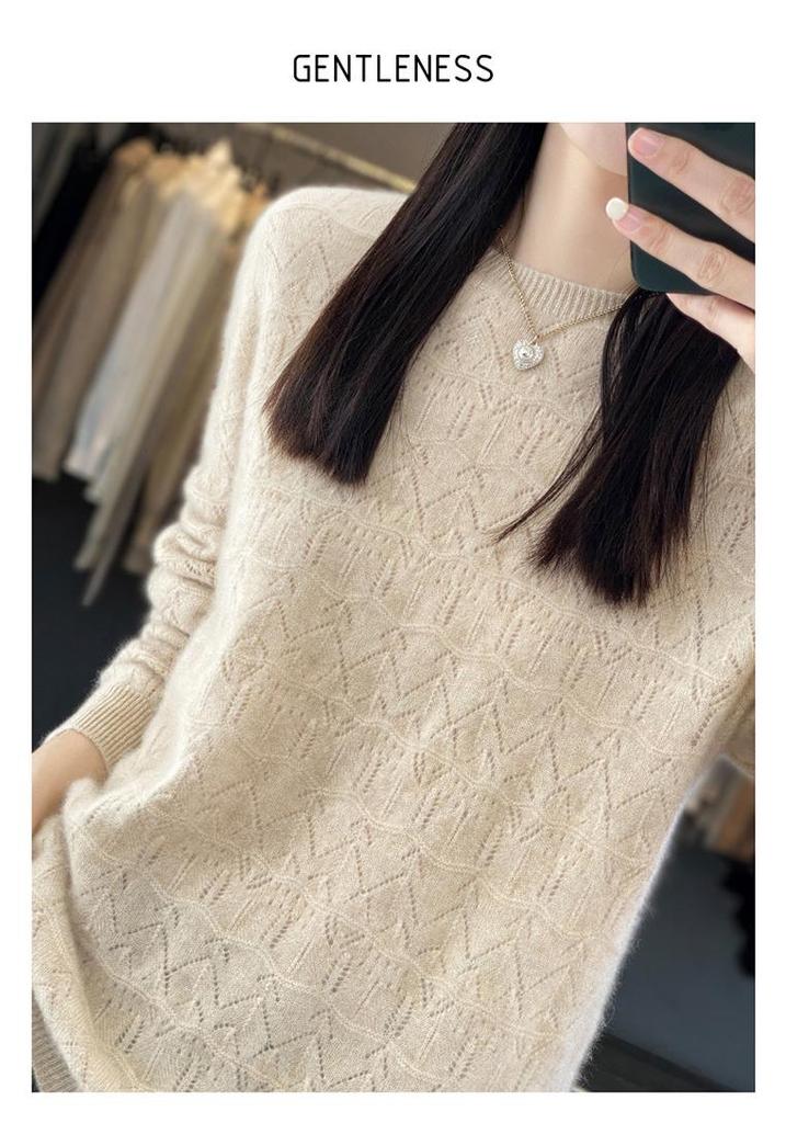 Women's Hollowed-Out Wool Round Neck Sweater - New Style, Loose Fit, Versatile Pullover for Spring and Autumn
