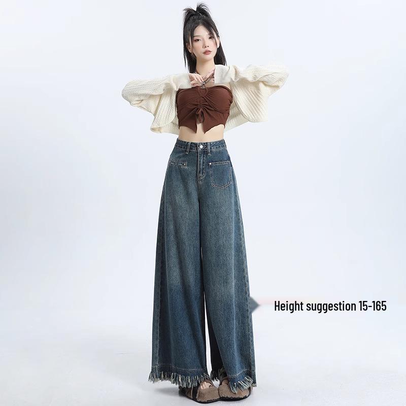 

Женские джинсы с высокой талией и потертостями в стиле ретро с широкими штанинами M