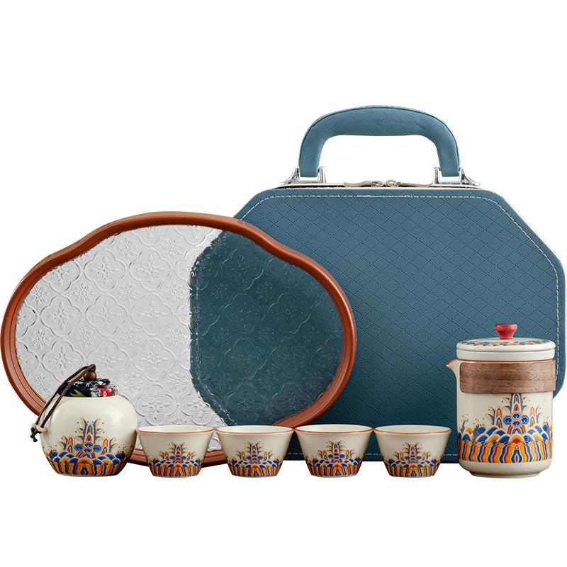 Light Luxury Household Tea Set Retro Set Travel High-end Ru Kiln Waves Ancient Rhyme Express Tea Set Gifts