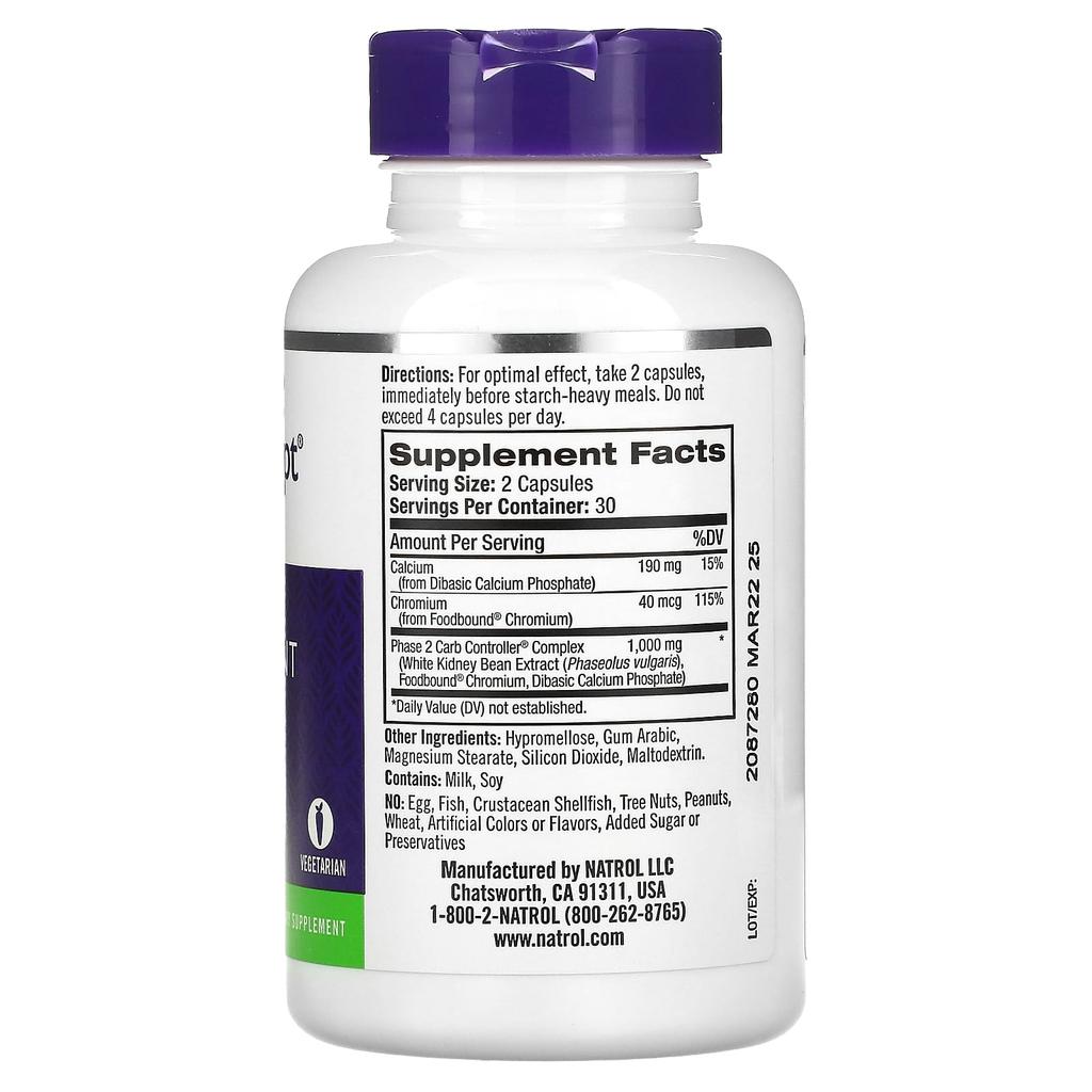 Natrol, Carb Intersection con Stage 2 Carbohydrate Controller, 1.000 mg, 60 Capsule Vegetali (500 mg per capsula)