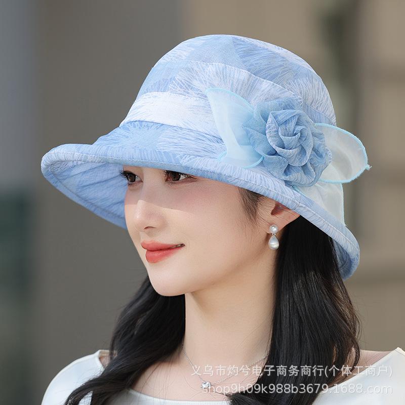 Spring and Summer Middle-aged and Elderly Flower Mesh Hat Women's Temperament Fashion Casual Thin Foldable Travel Visor