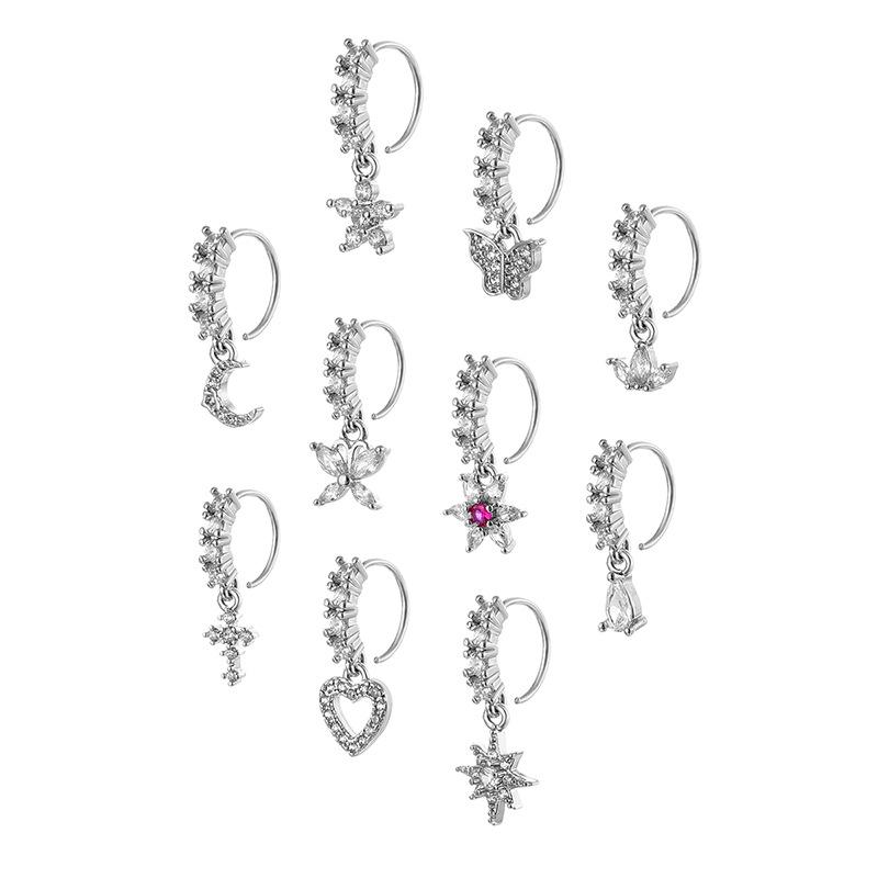 Cross & Butterfly Zirconia Nose Ring Stud Set, Adjustable Piercing Jewelry