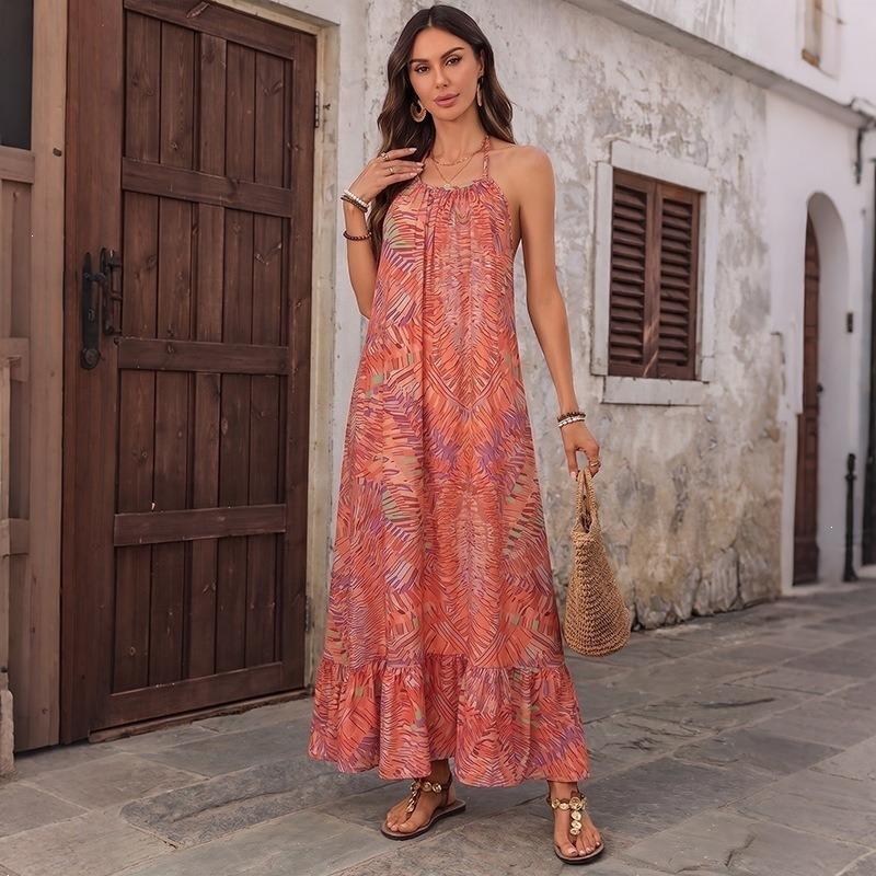 Bohemian Vacation Style Loose Abstract Print Halter Backless Long Dress For Women