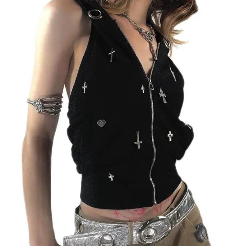 AltGoth Streetwear Gotická Tmavá Vesta Ženy Harajuku Y2k E-girl Cyberpunk Cross Kapucí Crop Tílko Emo Alt Grunge Outfity Žena