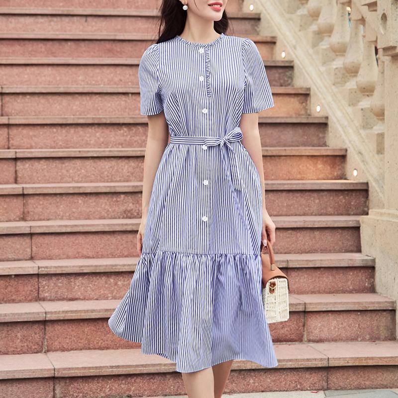 ZANZEA Women Casual Round Neck Stripe Print Loose Short Sleeve Dress S синий