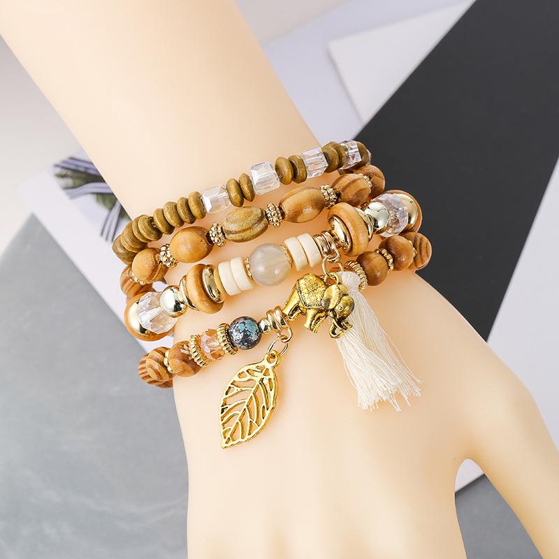 Wooden Tassel Bracelet For Men and Women 4PCS Retro Alloy Elephant Leaf Crystal Bracelet