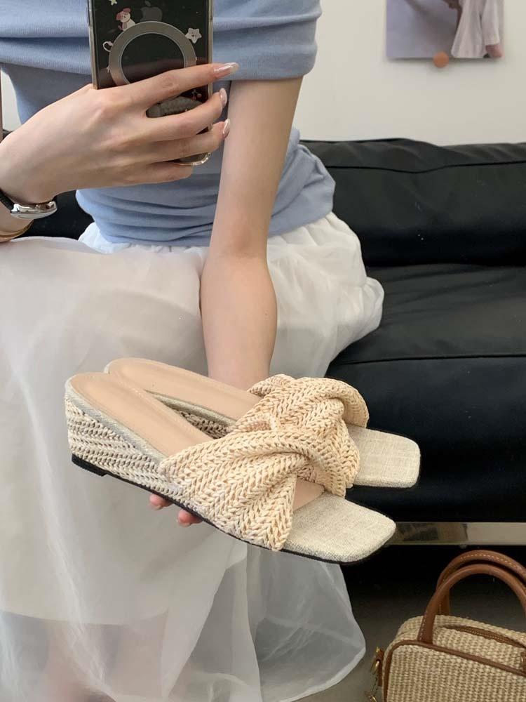 Woven Wedged One-Word Slippers Women'S Summer Wear Heightening Cool Slippers Bohemian Sandals