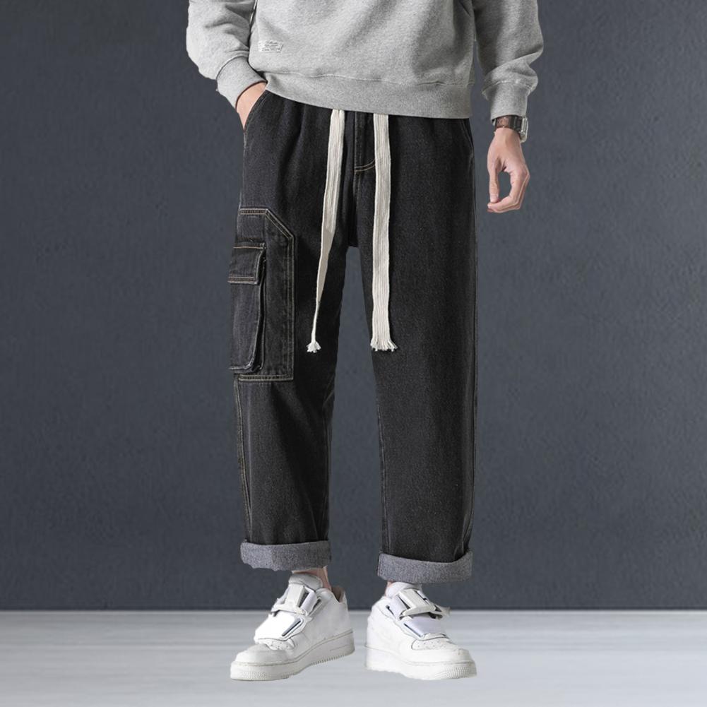 Men Summer Casual Jeans Elastic Drawstring Waist Straight Wide Leg Denim Pants Multi Pockets Design Long Trousers Streetwear