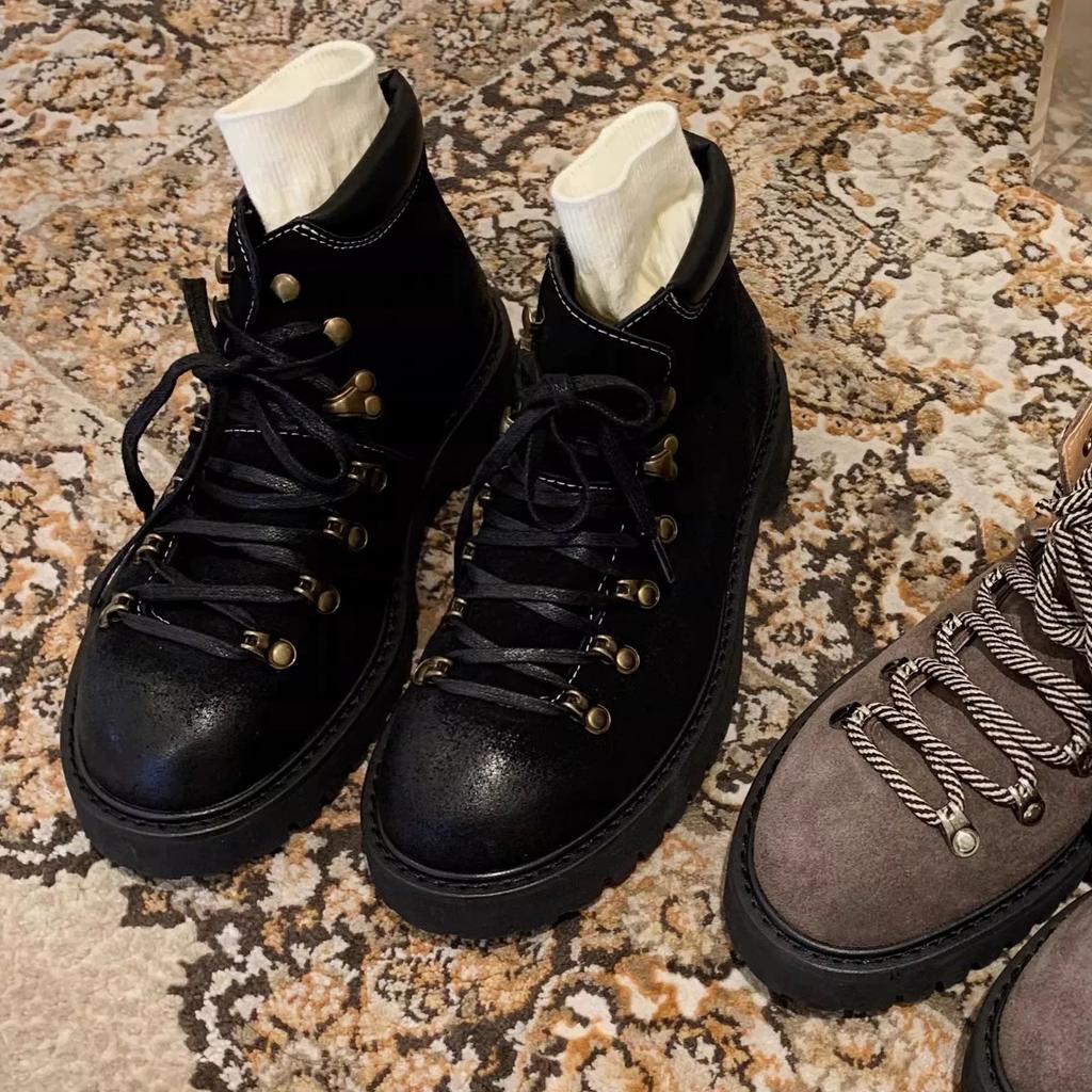 Leather frosted British style retro round head thick heel high-top Martin boots women's boots thick-soled versatile front lace-up small short boots