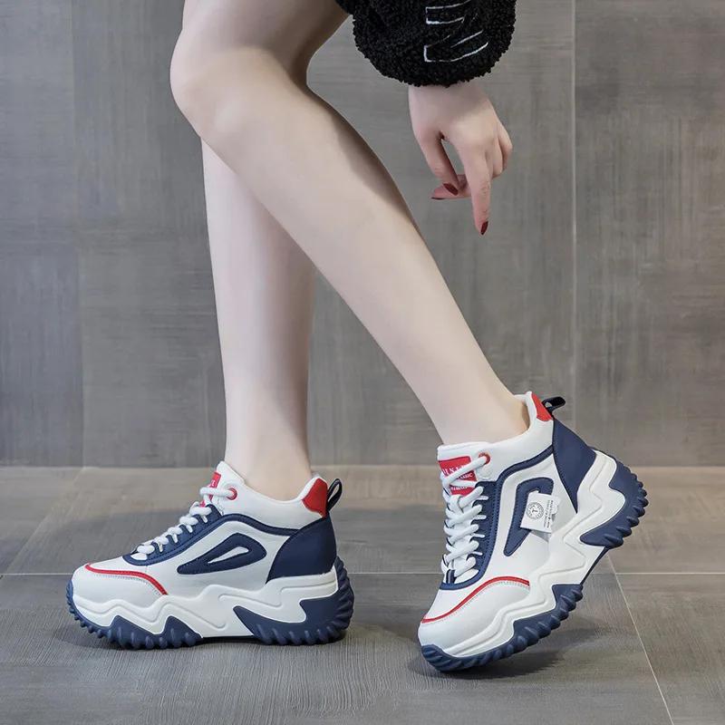 Genuine Leather 7CM Casual Sneakers Women  New Chunky Platform Sports Shoes Ladies High Heels Designer Tennis Thick Bottom