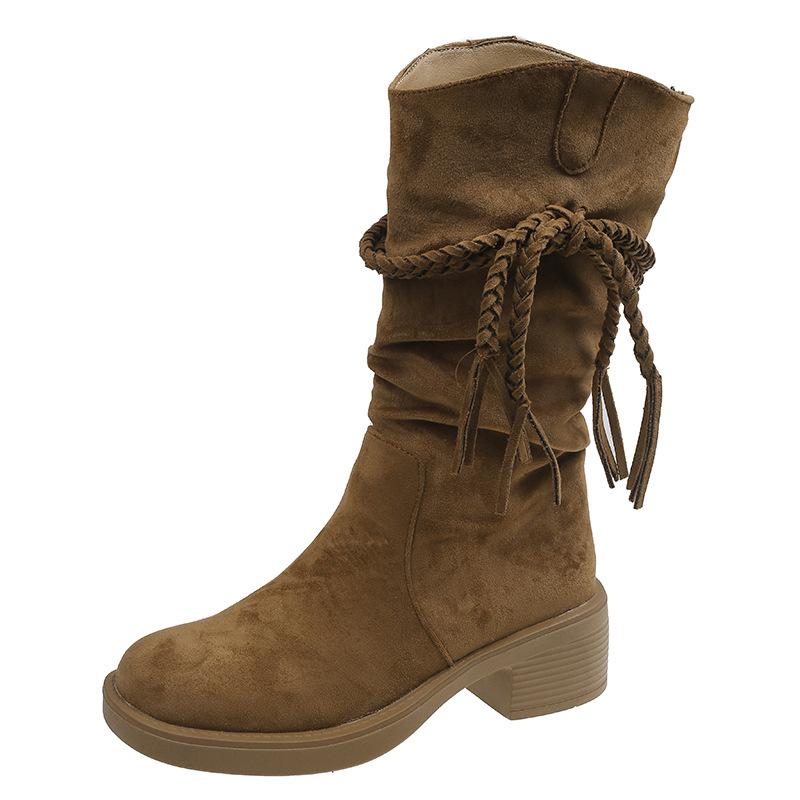 Internet Celebrities with the Same Thick Bottom Square and Retro Wasteland Fashion Boots Women's Autumn and Summer Thin Western Cowboy Long Tube Singl