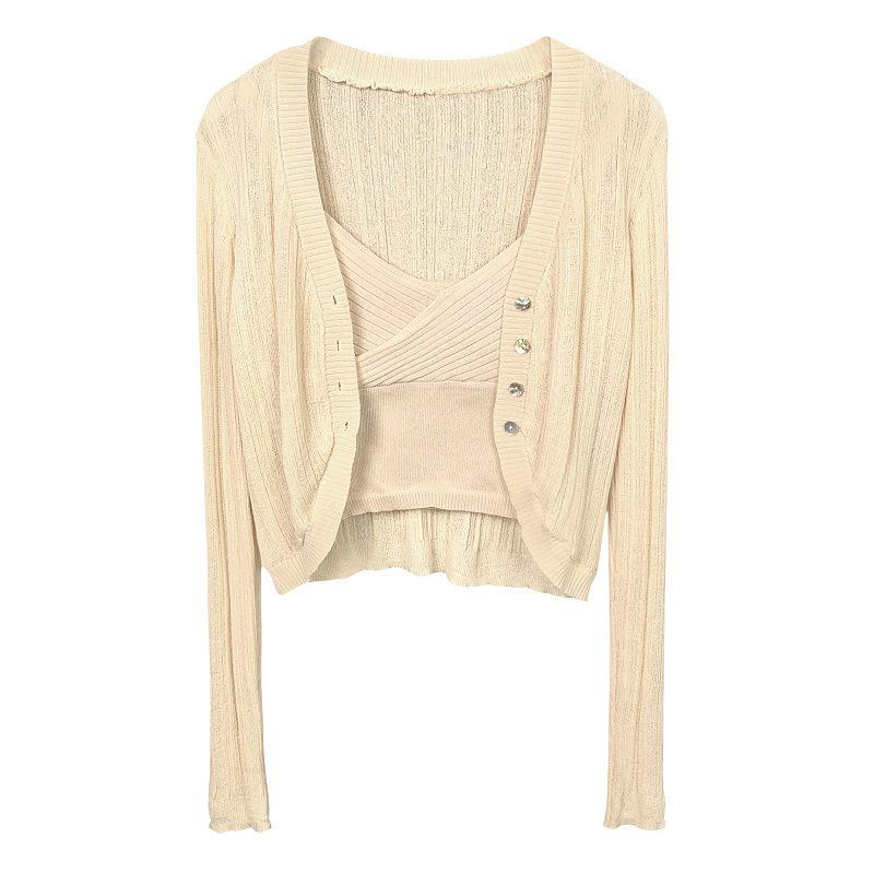 Korean Dongdaemun Fashion V-neck Knitted Camisole & Short Cardigan Set for Women