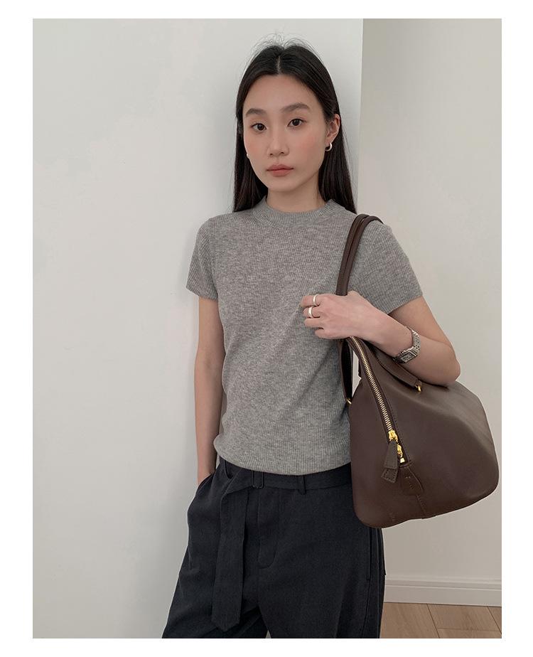 CLEAN SPACE Women's Wool Blend Knitted T-Shirt, Spring 2025 Collection, Short Sleeve, Thirteen Rows Design