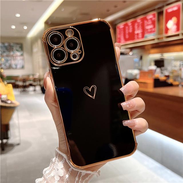 Luxury Square Plating Love Heart Phone Case For iPhone 13 12 Mini 11 Pro Max X XR XS Candy Bnmper On 7 8 Plus SE  Soft Cover