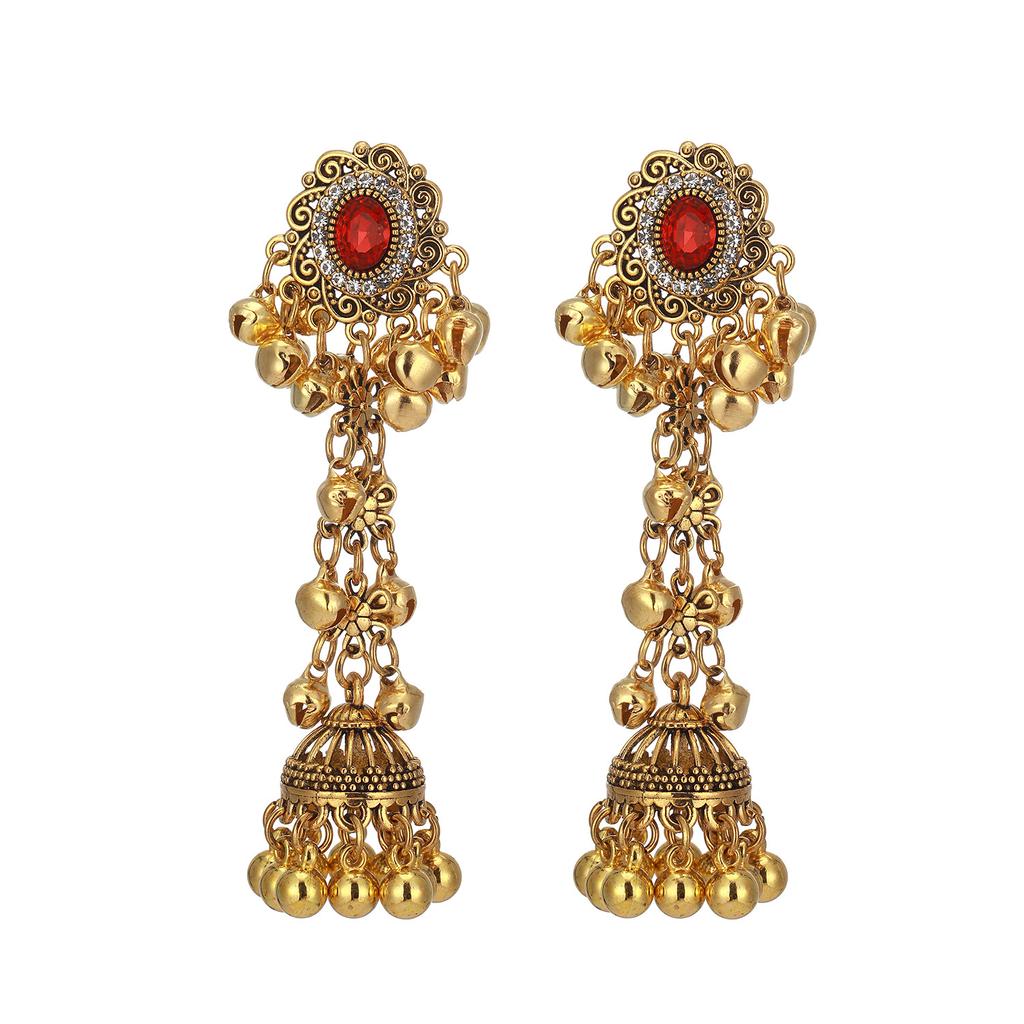 Ethnic style colored diamond-set flower fringed earrings women's retro bohemian earrings European and American exaggerated earrings