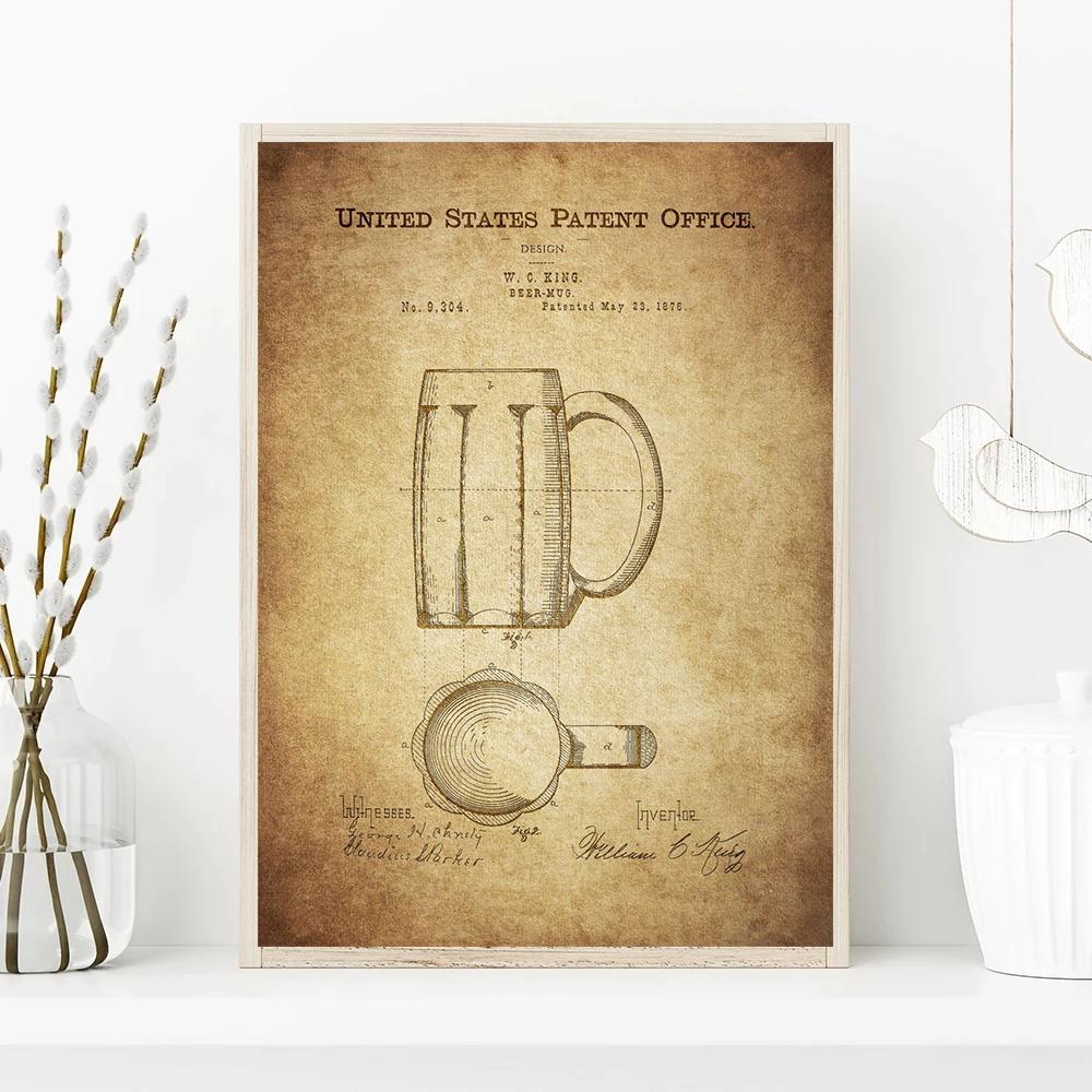 Vintage Brewing Beer Barrel Bottle Cooler Alcohol Patent Posters Canvas Painting Retro Wall Art for Pub Brewery Room Home Decor
