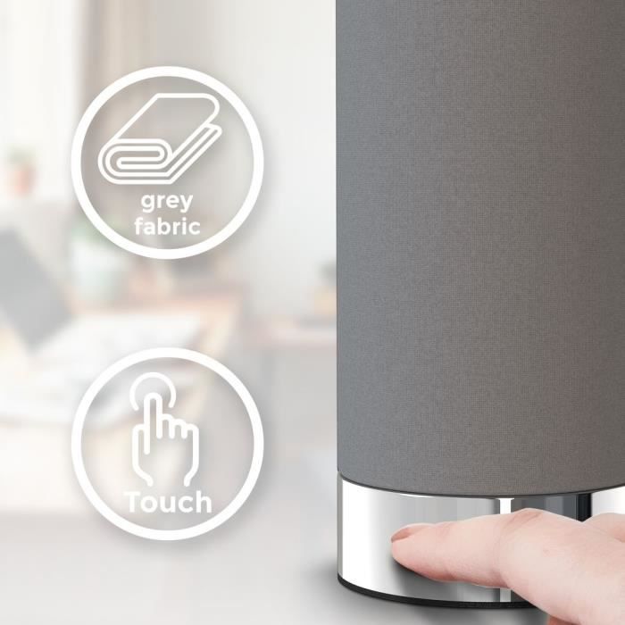 Lampe de table - B.K.Licht - Tissu gris - Fonction tactile - 3 niveaux de gradation - E14