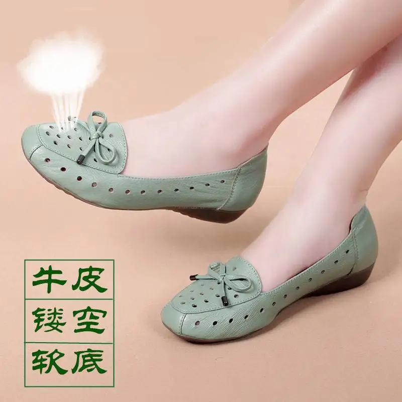 Fashion Round Toe Bow Flat Shoes Woman  Autumn Mother Breathable Comfortable Soft Leather Casual Shoes Zapatillas Mujer