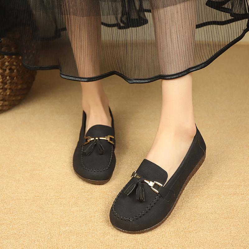 Women's Natural Leather Slip-on Ballet Flats Loafers Round Toe Fringe Casual Female Espadrilles Mccasins Shoes for Woman