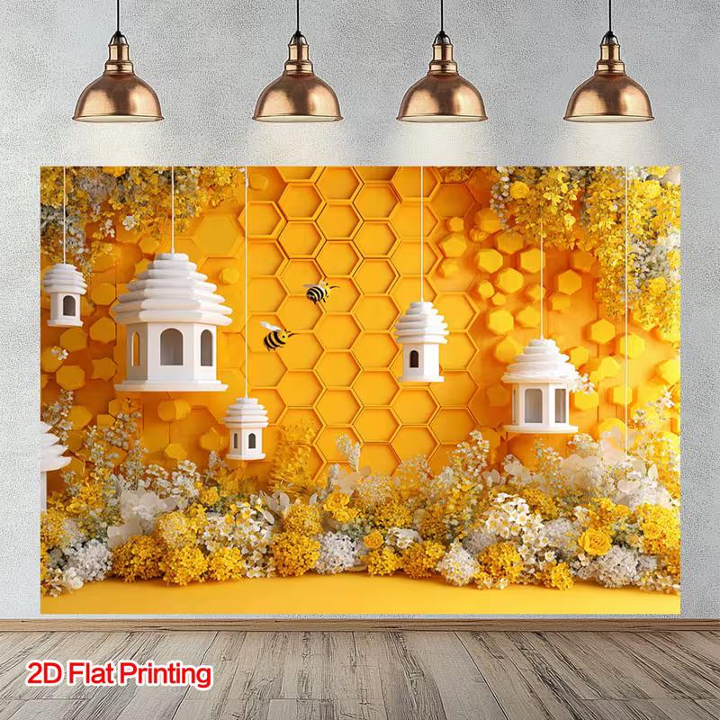 2D Printed Backdrop with Yellow Honeycomb, Bee Hives, Flowers and Flying Bees