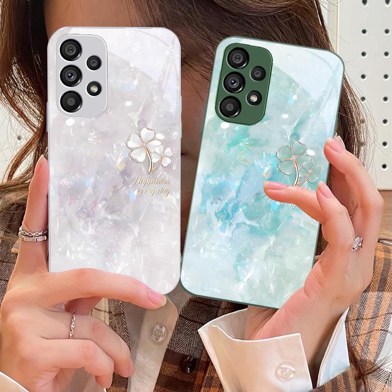 Double Petaled Clover For Samsung Galaxy S10 4G S20 11E 30 S21 21Fe 22 S24 Pro S23 Ultra 5G S8 S9 Tempered Glass Phone Case