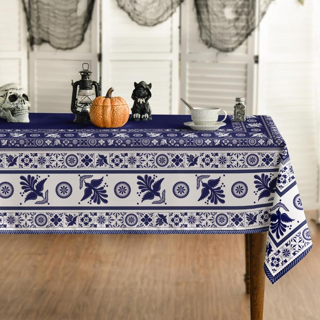 Mexican Floral Birds Rectangle Tablecloths Blue Patchwork Tiles Waterproof Table Cover For Home Party Kitchen Dining Table Decor
