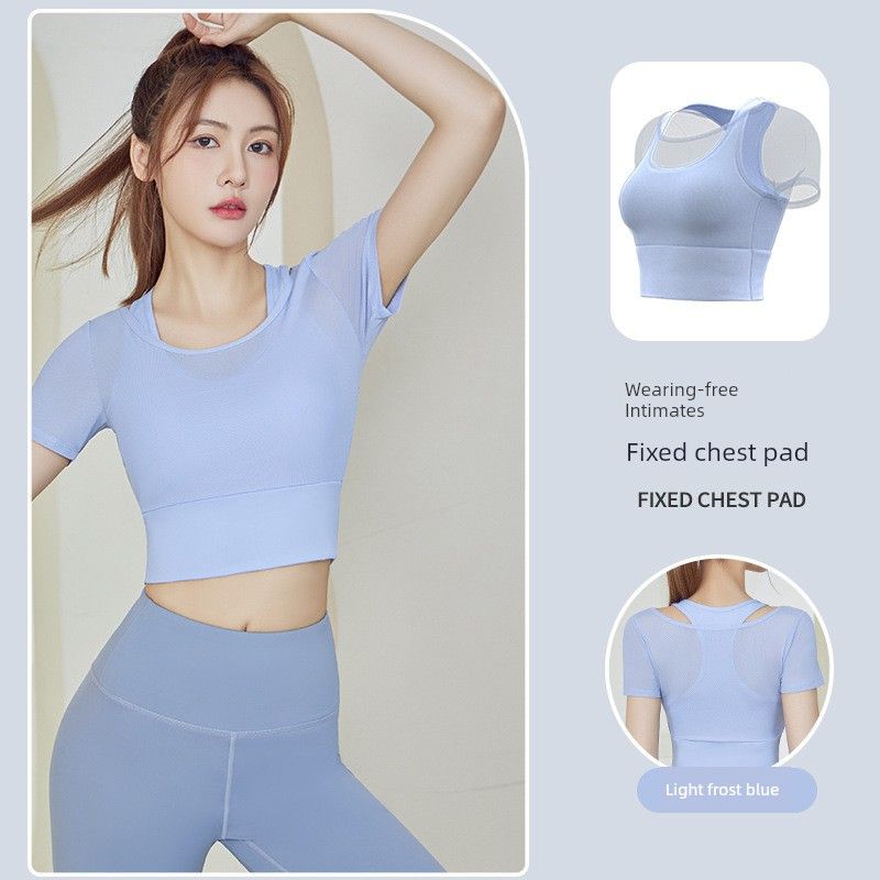 

Одежда для йоги Женская футболка с коротким рукавом, имитация двух частей, тонкая, сетка, с нагрудными подушечками, быстросохнущая, дышащая, спортивный топ для фитнеса, бега Light frost blue short sleeve L