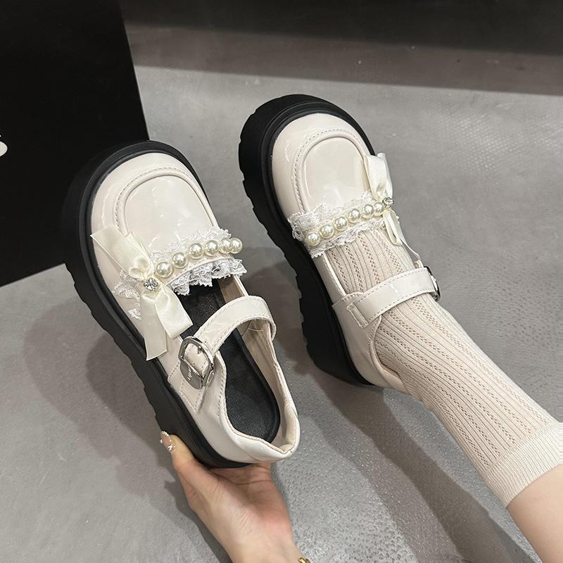 White Versatile Platform Small Leather Shoes Women's Bow Japanese Lolita Jk Shallow Mouth Mary Jane Shoes Buckle Loafers