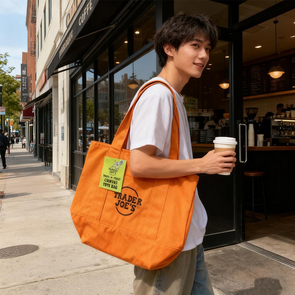 Official Trader Joe's Trick or Treat Tote Bag - Halloween Canvas Shopping Bag with Side Pocket for Groceries Pumpkin Patch