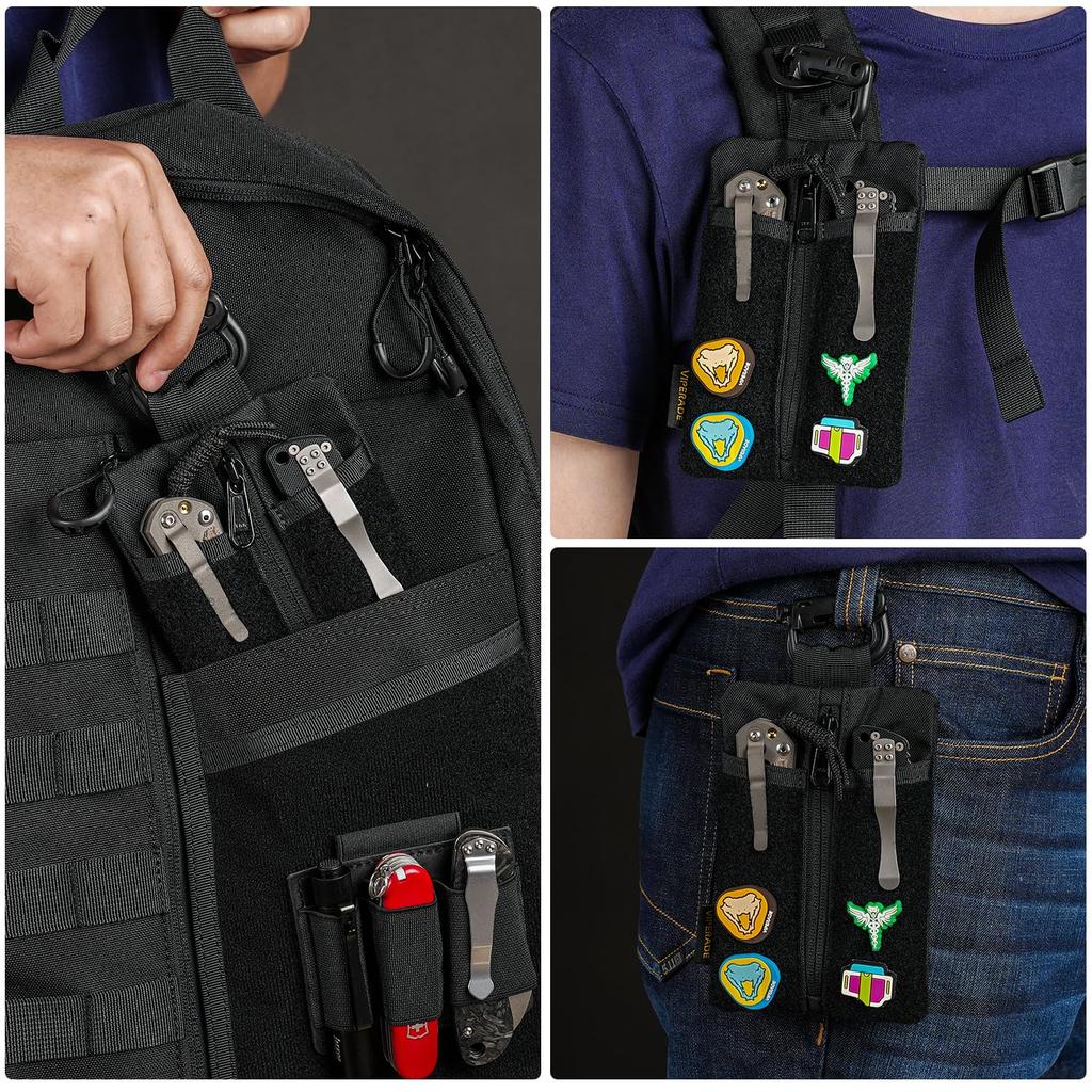 VIPERADE VE24 EDC Minimalist EDC Pocket Pouch with DIY Patch EDC Organizer with 2 Tool Pocket Organizer with Zipper Pocket Pouch, Area, Slots, (Black)